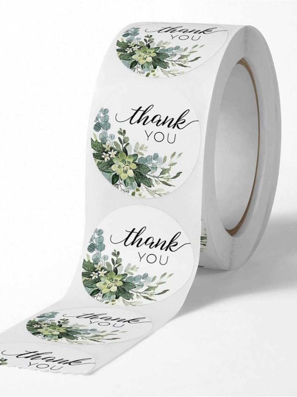 Thank You Floral Round Stickers - Green Leaf Design